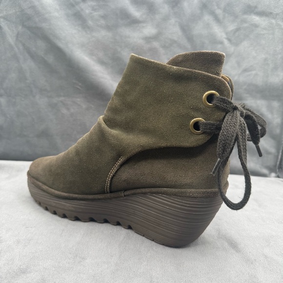 Fly London Yama Wedge Booties Women’s US 7.5 / EU‎ 38 Olive Green Suede Leather - Picture 3 of 15